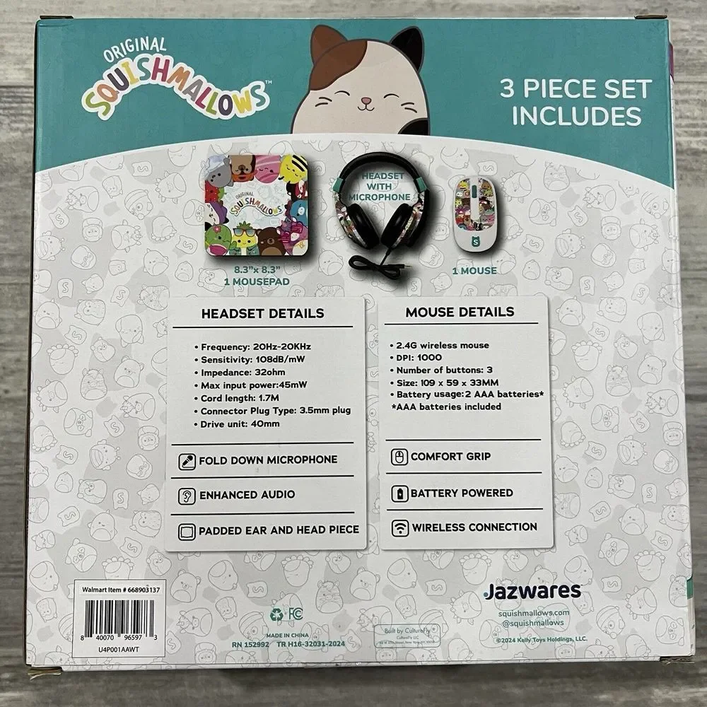 Squishmallows Headsets with Microphone, Wireless Mouse And mouse pad Tech Bundle